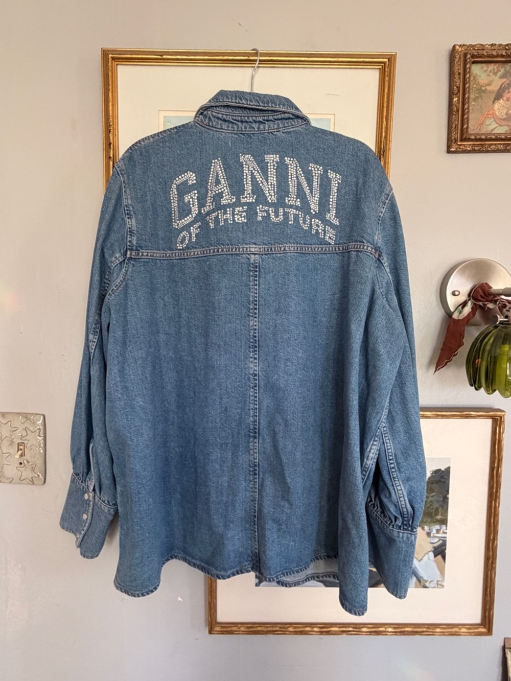 NWT GANNI Long Sleeve Future Denim Shirt in Dark Blue Vintage